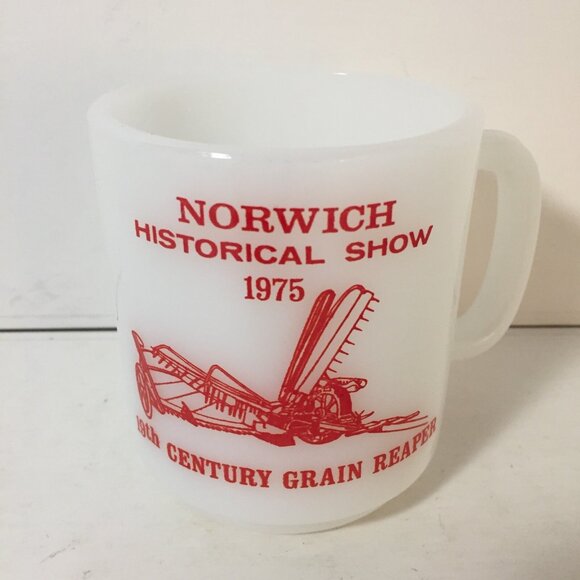 Norwich Historical Farm Show 19th Century Grain Reaper Coffee Mug Milk Glass '75 - Picture 1 of 3